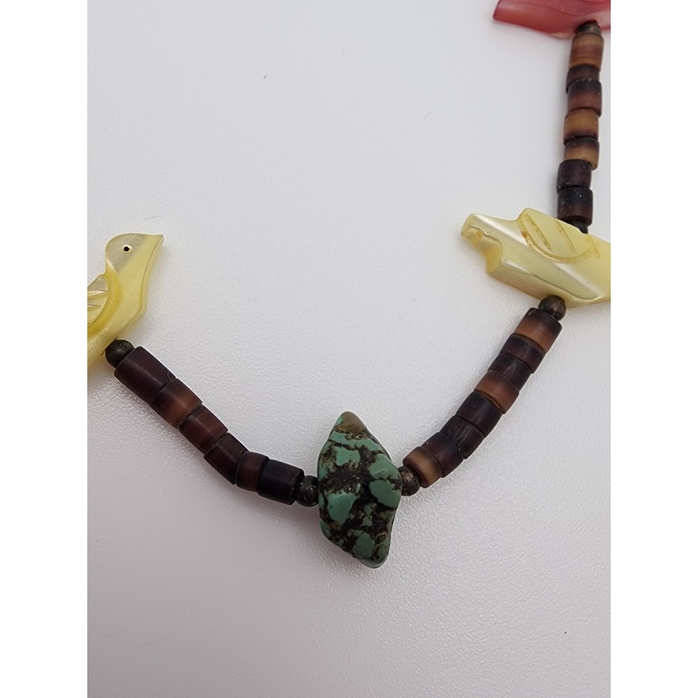 Southwestern Carved Bird Fetish Heishi Bead Necklace Multicolor Boho Turquoise - Picture 3 of 8